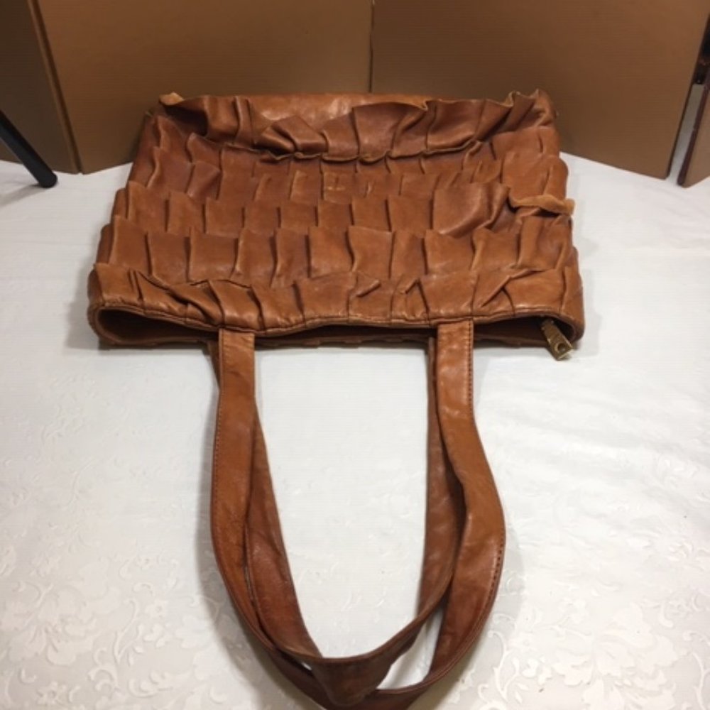 VTG DKNYC Bohemian Brown Leather Ruffled Rows Shoulder Handbag HOBO 14.5"x12"